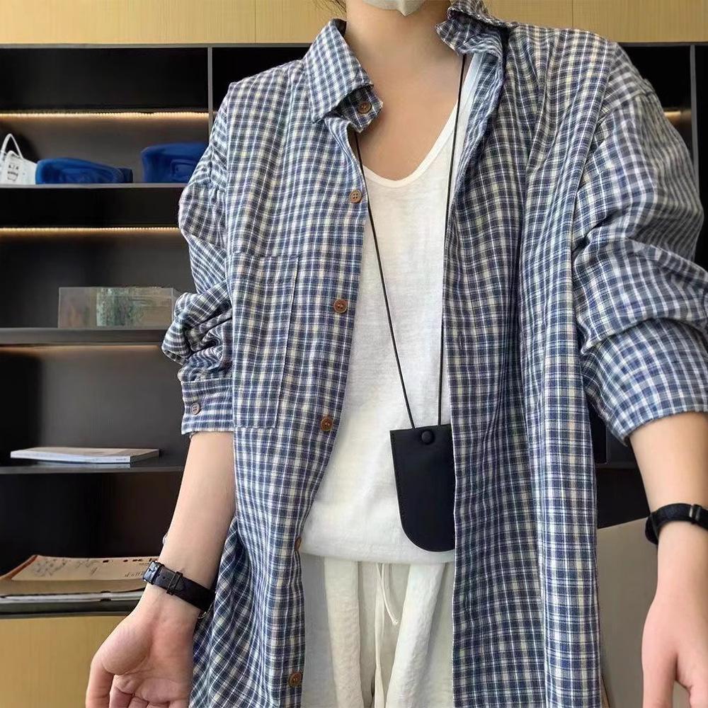 Women's Blue Plaid Long Sleeve Sun Protection Shirt - Lazy Style, Loose Fit, Versatile Thin Jacket for Spring, Summer, Autumn