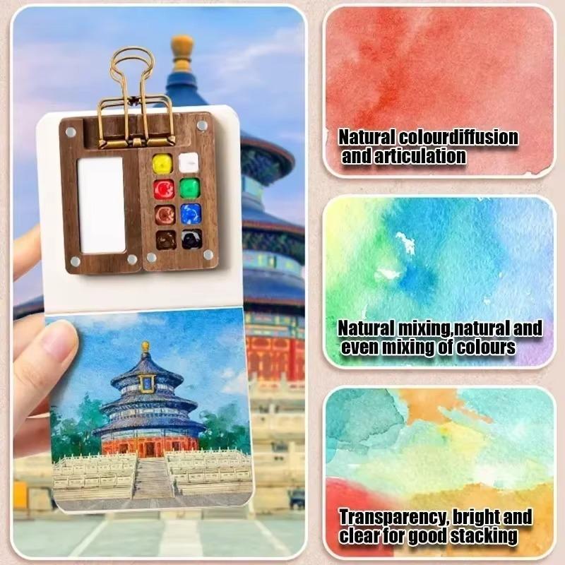 Portable Watercolor Set Travel Palette Sketchbook Brush Pens Binder Clips For Artists Students Painting Tools Drawing Supplies