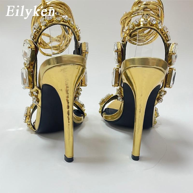 Eilyken Summer Stilettos Heels Rhinestones Sandals Women Pointed Toe Ankle Strap Crystal Wedding Ladies Shoes