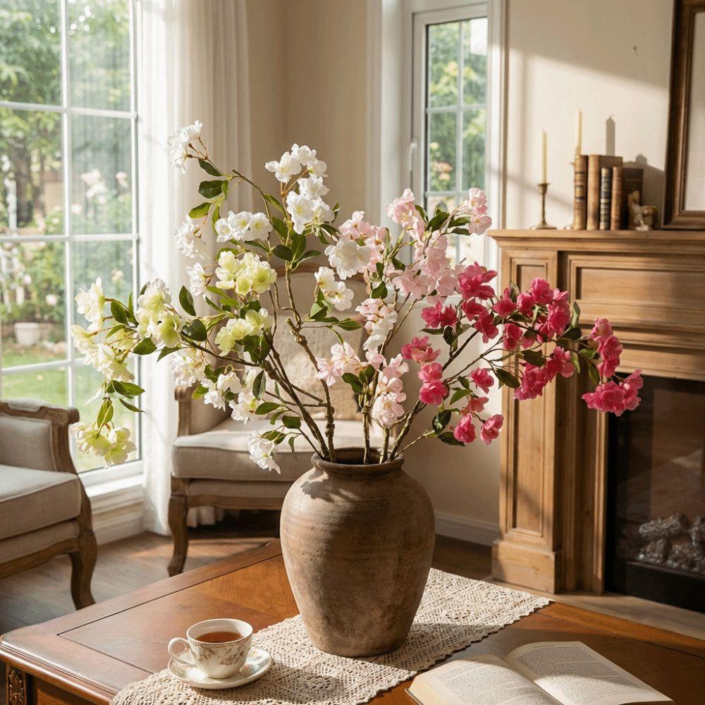 Long Branch Artificial Cherry Blossom with Leaves Realistic Simulation Cherry Blossom Handmade Real Touch Fake Flower