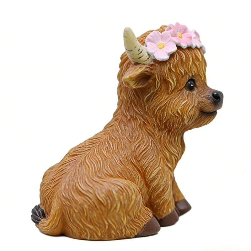 QX2E Detailed Scottish High Land Cow Resin Figure with Bowknot For Calf Lover Party Gift