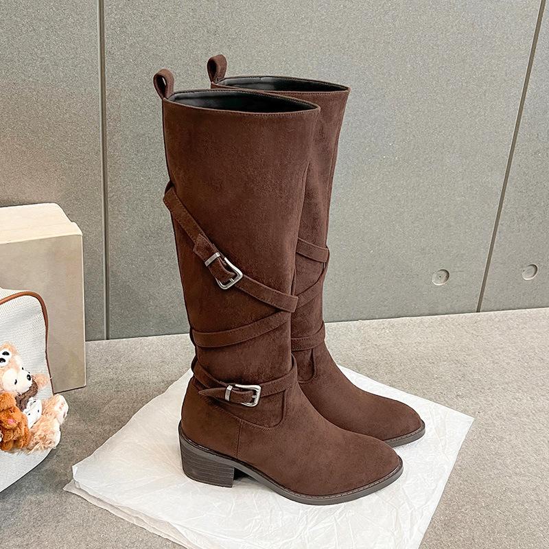 Cowhide version~ Maillard strap buckle thick heel high knight boots women's autumn and winter new suede pointed western boots