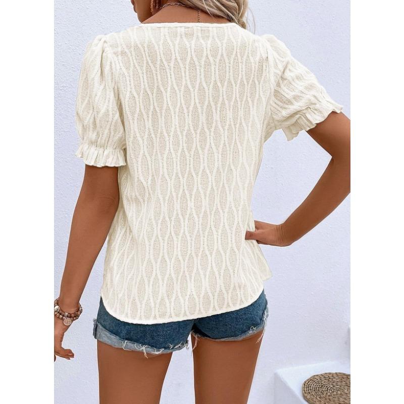 Spring and Summer New Style V-neck T-shirt Puff Sleeves Jacquard Women's Casual Loose Short-sleeved Women's Clothing