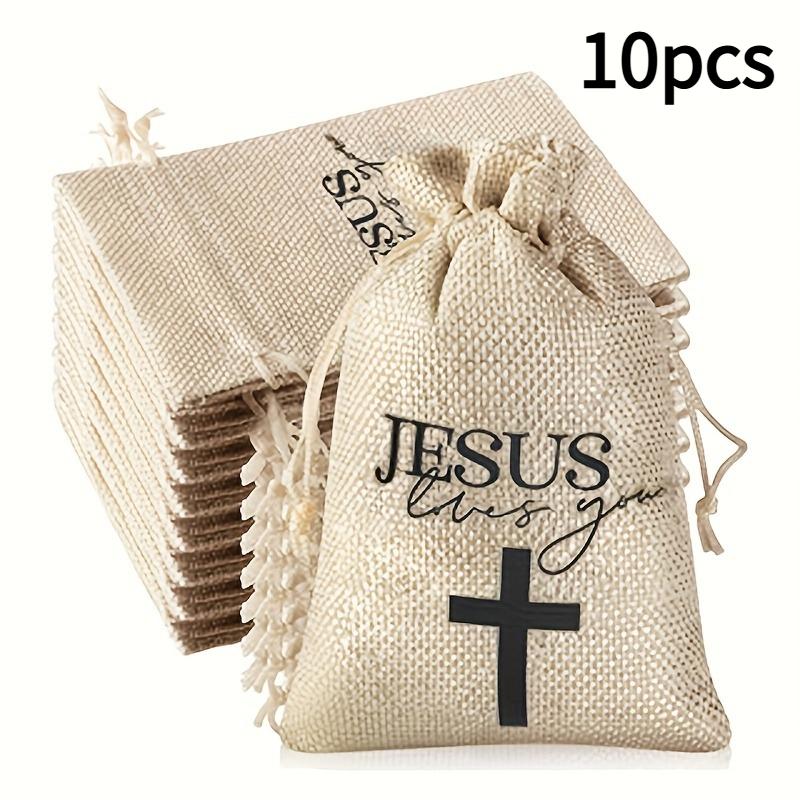 

10pcs Christian Gift Bags with Drawstring Closure-Large 10.16x15.24cm Religious Bible Verse Pouches(Jesus Loves You) for Baptism
