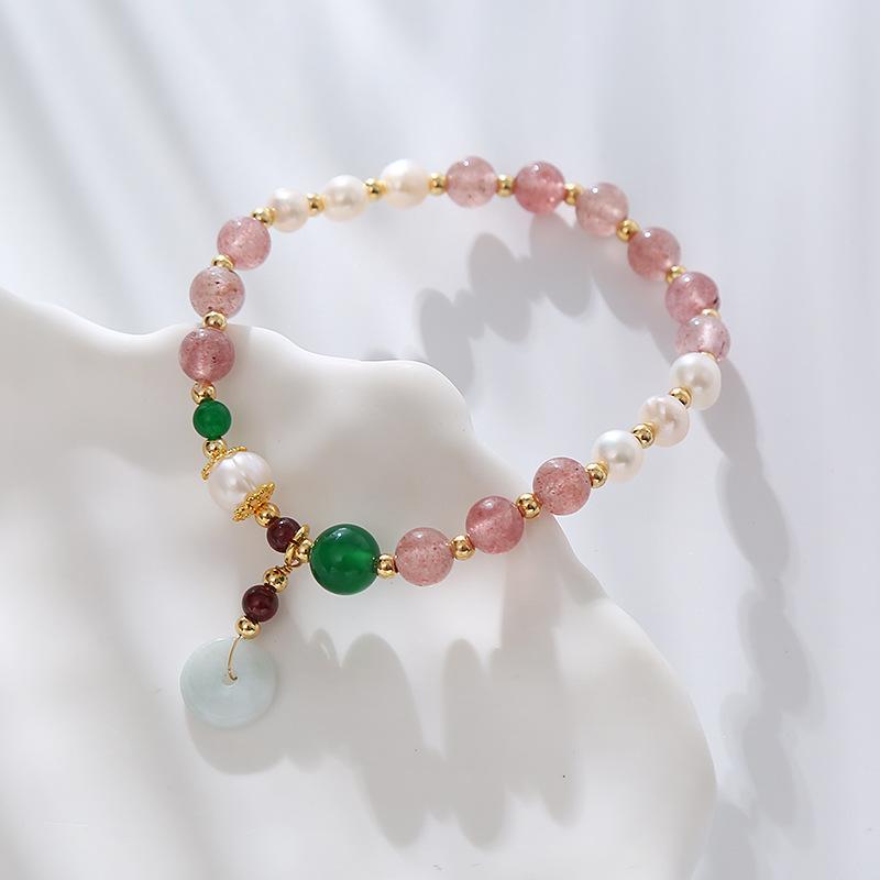 Natural Freshwater Pearl Strawberry Crystal Pendant Bracelet Bangles Women Fashion Jewelry Accessories Gift