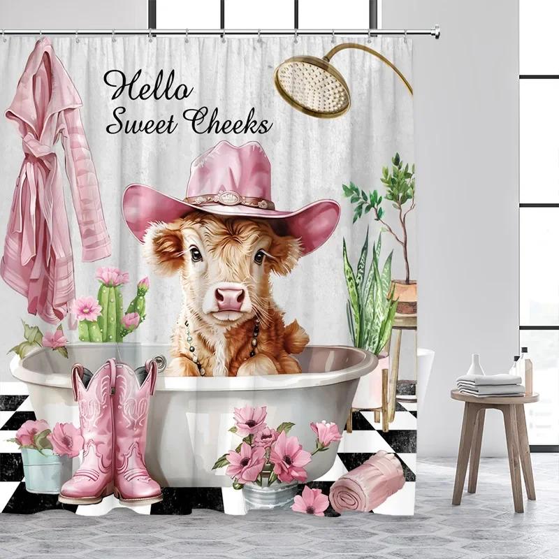 ZYJ01Bathing Highland Cattle Shower Curtains Funny Farm Animal Cactus Plant Pink Bath Curtain Set Polyester Bathroom Decor w7Dc