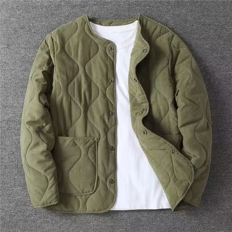 Autumn Winter Men's Cotton Jacket Vintage Thick Warm Solid Geometric Pattern Overcoat Casual Long Sleeve Coats