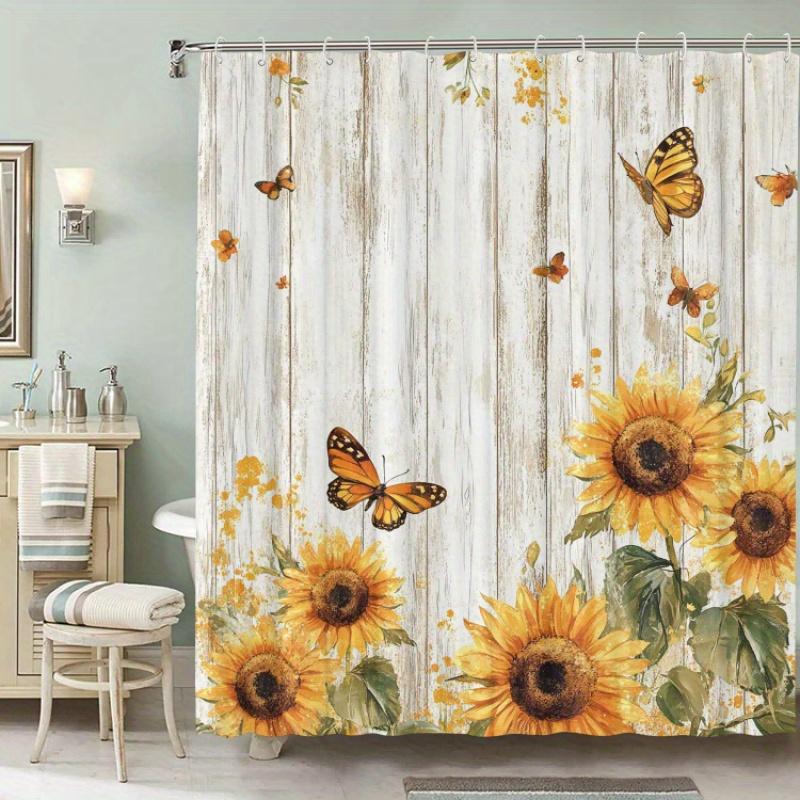 Sunflower and butterfly pattern, artistic graphic print, machine washable bathroom curtain - animal themed decorative accessory