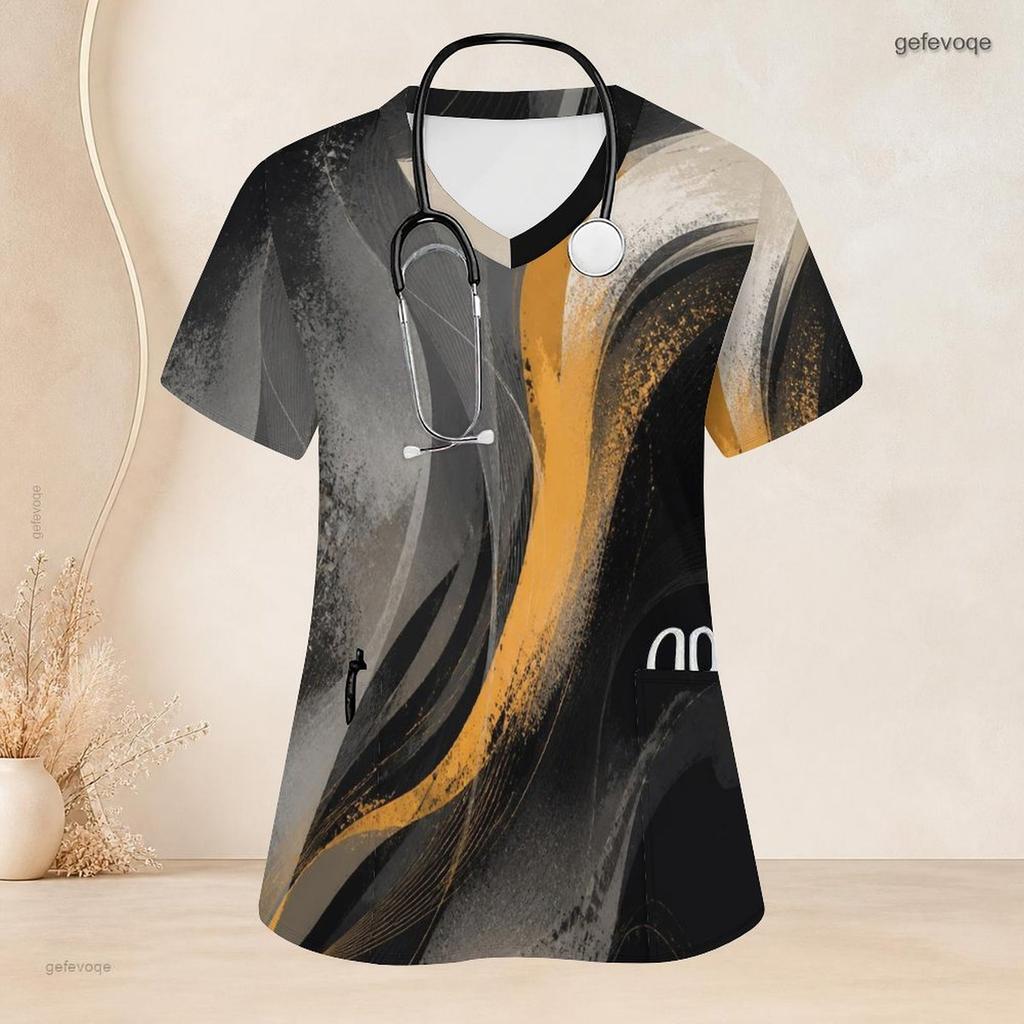 Women Plus Size Abstract Printed Nurse Scrub Top V Neck Short Sleeve Front Pockets Black Gray Yellow