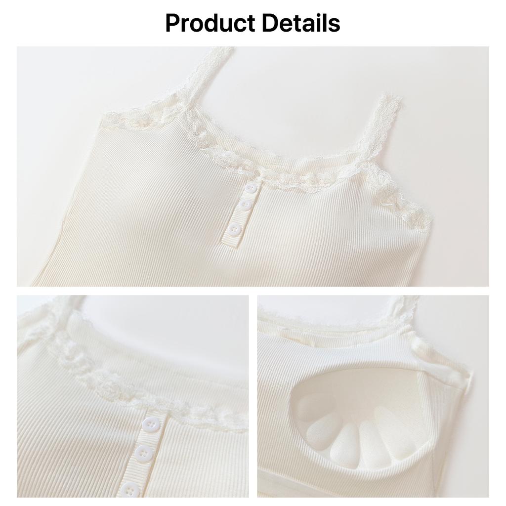 Women's Ribbed Lace Camisole with with Built-in Bra Pads and Buttons,Slim Fit Tank for Women