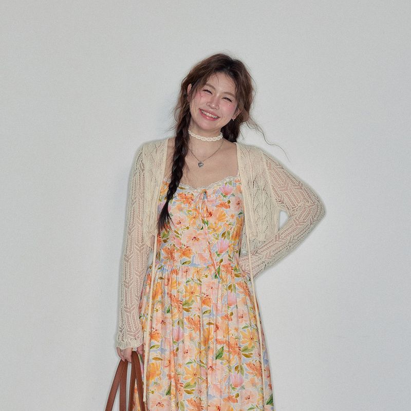 

Plus-Size Women s Clothing for Chubby Girls, Slimming Dress for Beach Vacation, Gentle Style Floral Strap Dress Cardigan L
