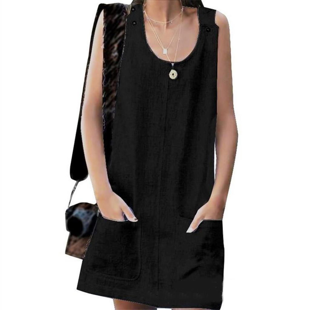 Mode Damen Sexy Taschen Baumwolle Leinen Träger Rundhals Kleid