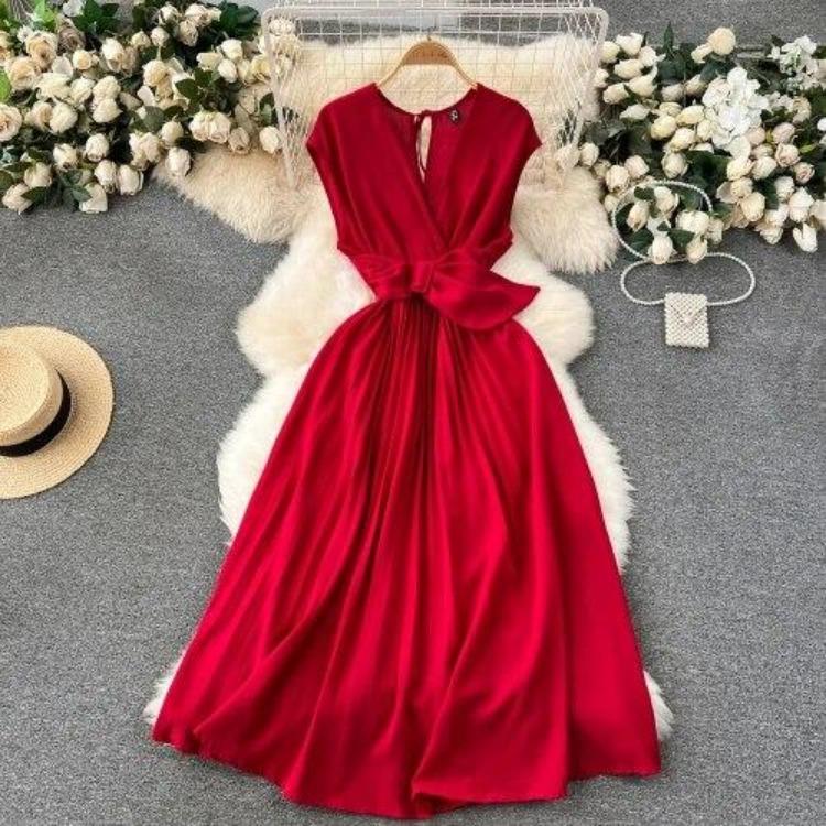 Sommer Neues Französisches Chic Maxikleid Damen V-Ausschnitt Ärmellos Schnürung A-Linie Falten Damenkleider Damen