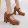 Women's Shoes Square Toe Retro Thick Heel Ultra High Heel Button Strap Women's Single Shoes Waterproof Platform Thick Sole