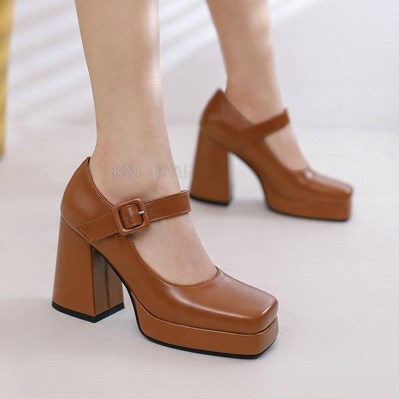 Women's Shoes Square Toe Retro Thick Heel Ultra High Heel Button Strap Women's Single Shoes Waterproof Platform Thick Sole