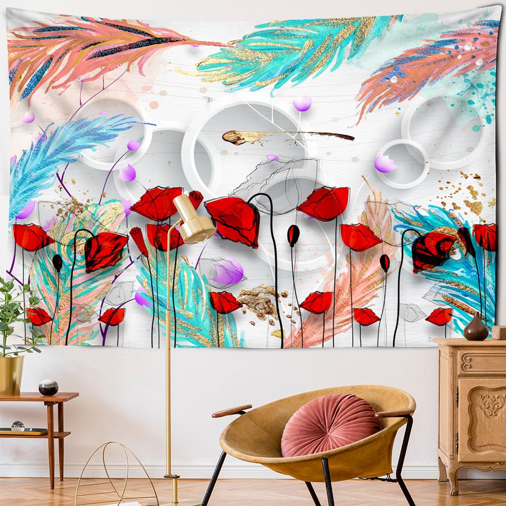 Colorful Bright Flowers Feather Tapestry 2020Modern Art Style Decor Psychedelic Boho Home Decor Wall Hanging Yoga Mat Shawl