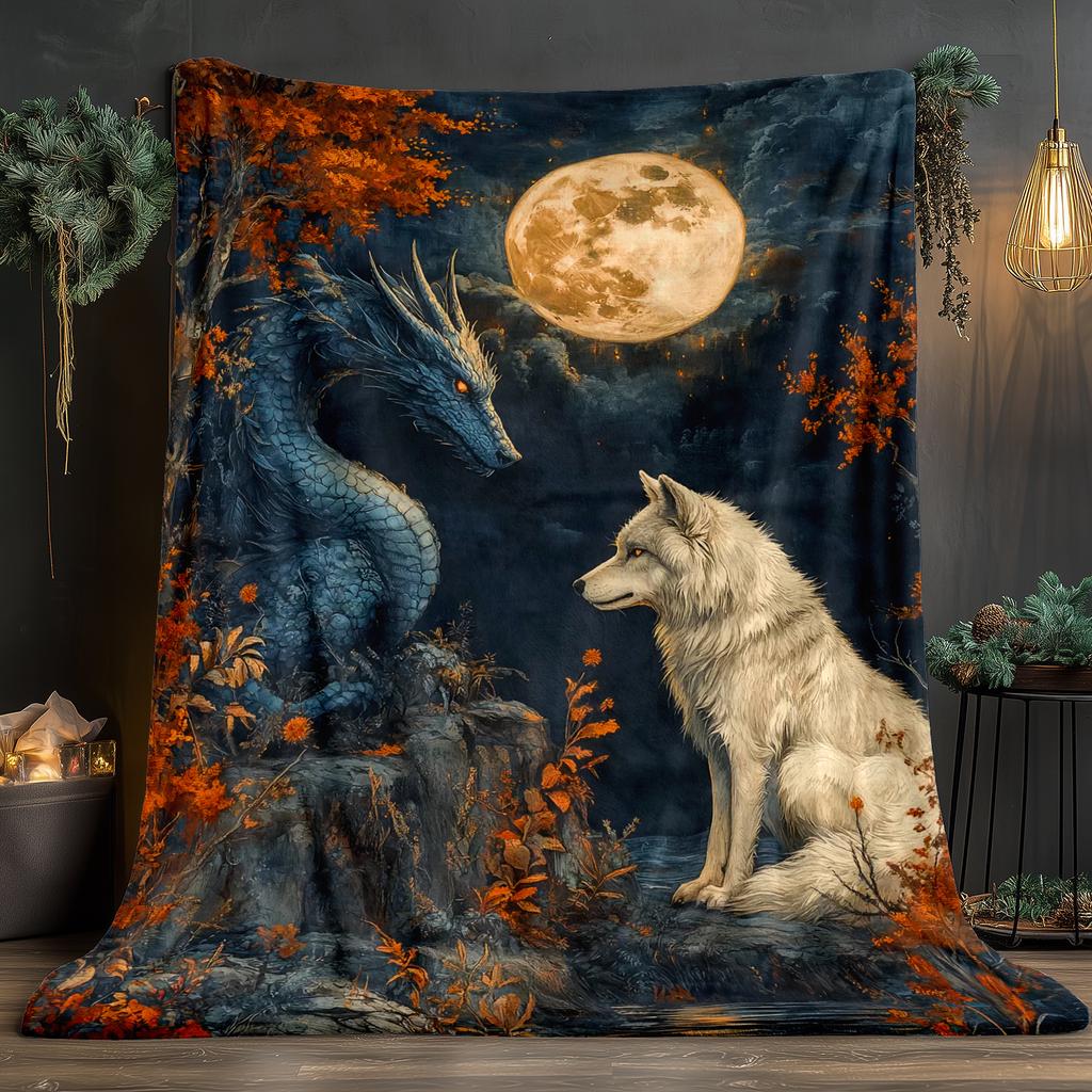 1pc Mysterious Fantasy Wolf & Dragon Flannel Blanket - Dreamlike HD Print, Soft Polyester, All-Season Comfort for Beach, Camping