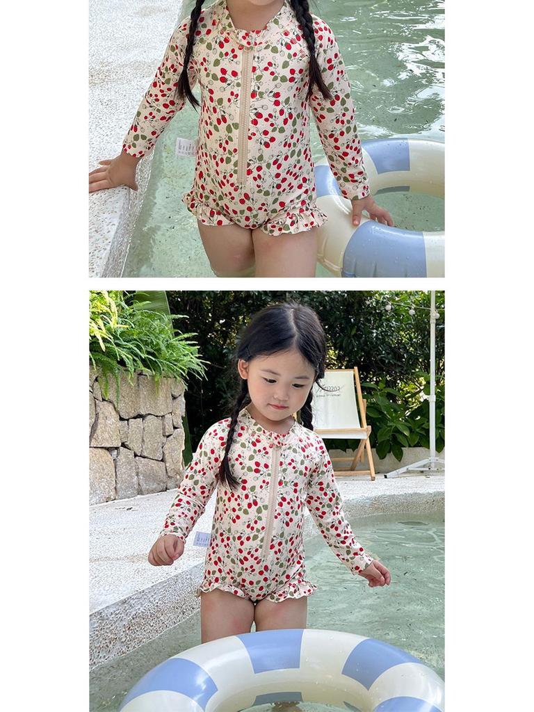 Dziewczęcy szybkoschnący strój kąpielowy z długim rękawem i filtrem przeciwsłonecznym w kwiaty - letni design księżniczki dla małych i średnich dzieci