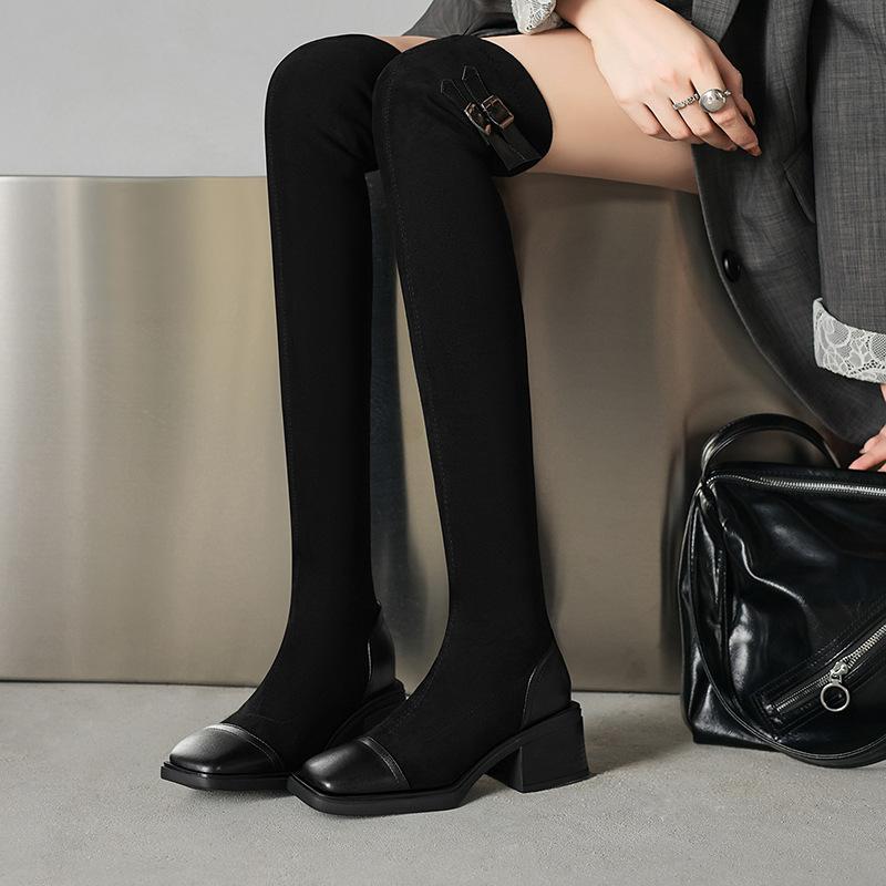 Gürtelschnalle Elastische Skinny Stiefel Overknee Stiefel Ohne Hosen Stiefel Pole Dance Stiefel mit Dickem Absatz 33-43 Große Größen Stiefel