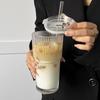 Large Vertical Stripe Glass Cup with Lid and Straw - Free Shipping, High Capacity Transparent Coffee Cup