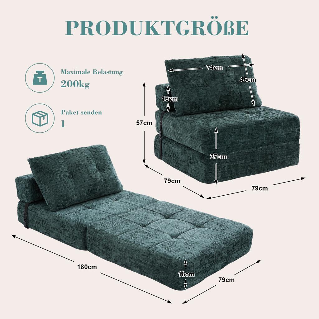 Foldable Sofa Bed with Cushions, Foldable Mattress with Backrest, Comfortable Floor Sofa for Living Room and Bedroom (Dark Green Chenille)