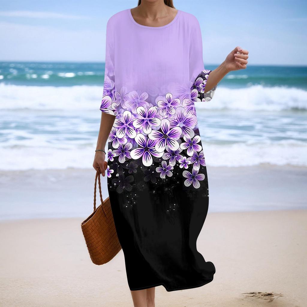 Women's Fashionable Printed Round Neck Seven Quarter Sleeve Loose Dress