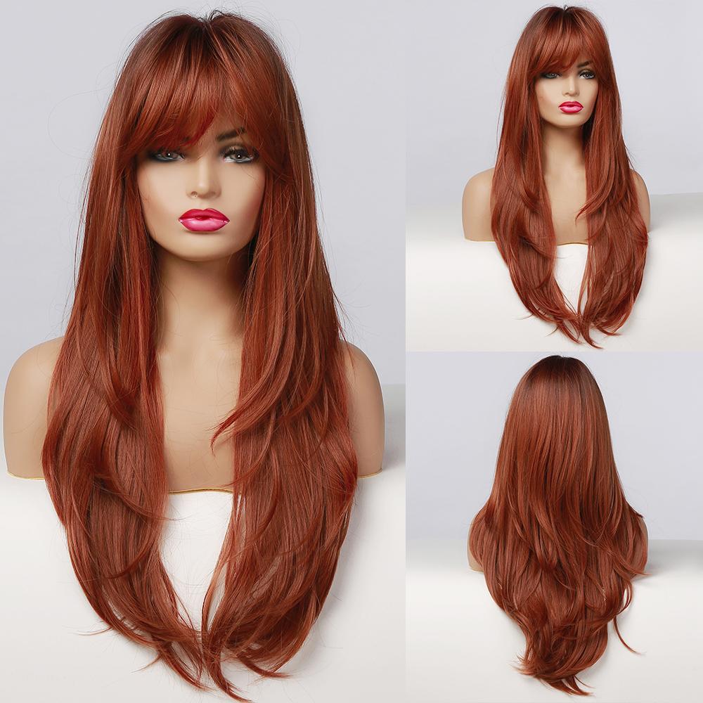 LOUIS FERRE Synthetic Long White Wigs with Bangs Cosplay Straight Wigs with Brown Highlight Natural Fake Hair for Black Women