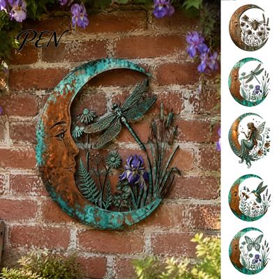 Elegant Home Decor for Women Vintage Crescent Moon Wall Art, Fairy Witch Bee Dragonfly Iron Hanging Floral Metal Fence Accent Decor, Sculpture Garden