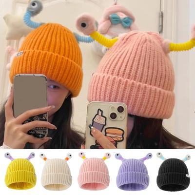 Śliczna dzianinowa czapka typu beanie z oczami, odporna na zużycie, jednokolorowa świecąca dioda LED, zabawna, ciepła czapka zimowa z kreskówek