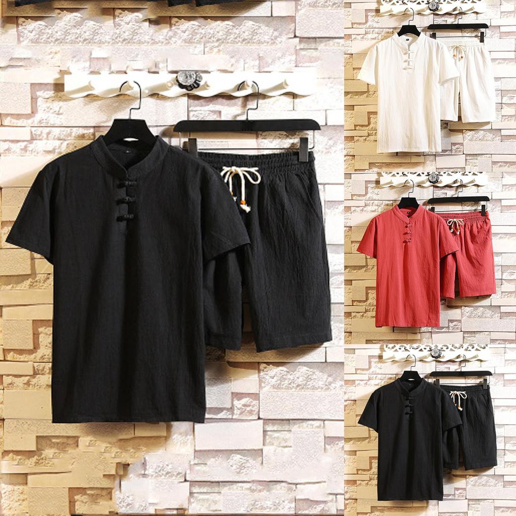 Mens Cotton Linen Set Solid Color Short-Sleeved T-Shirt Large Size Casual Set