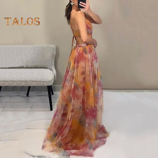 Women Evening Dress Mesh Colorful Printing Low-cut Sleeveless Backless Spaghetti Strap Pleated A-line Floor Length Tight Waist