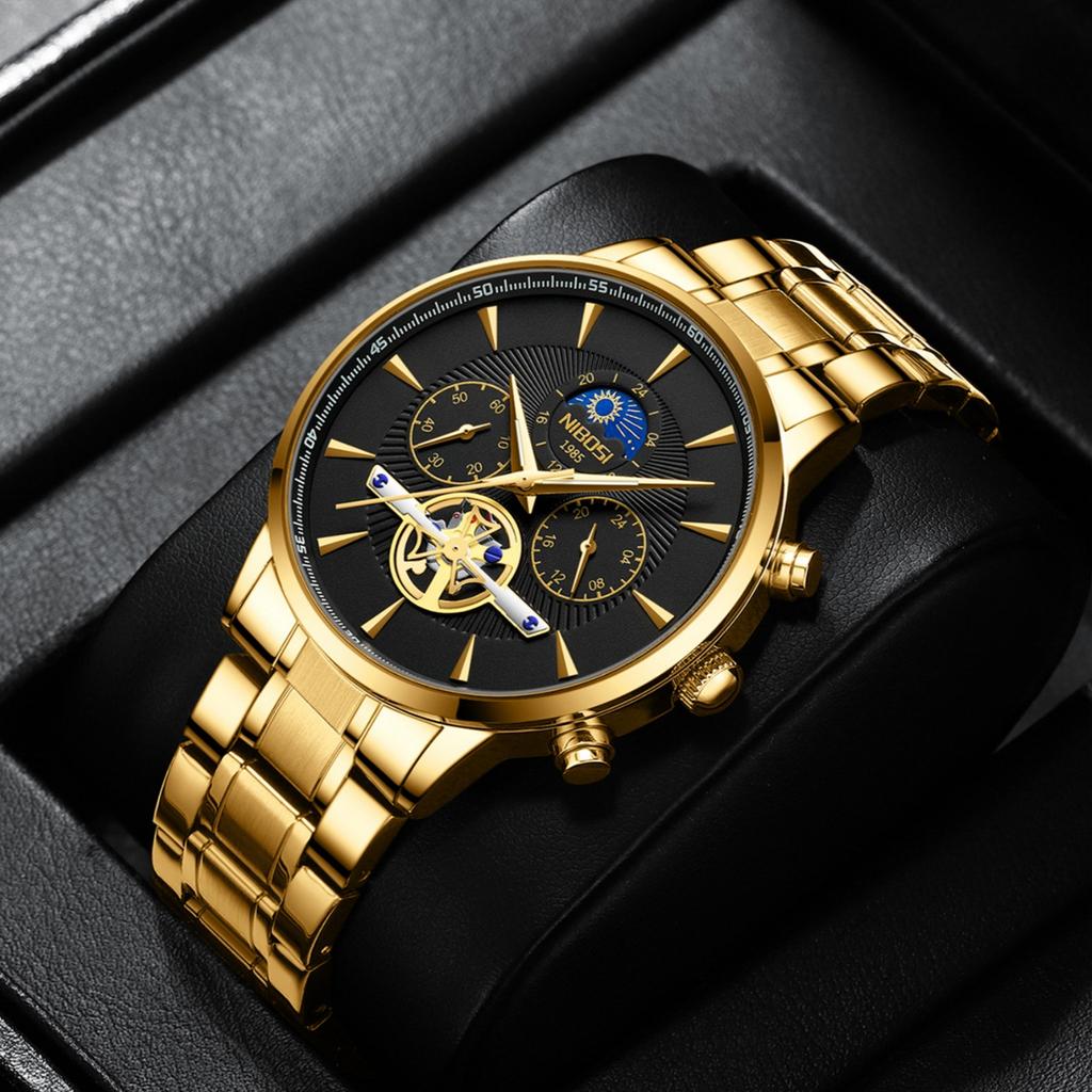 Business Quartz Watch Stainless Steel Belt Sun Moon Star Men'S Moon Phase Watch