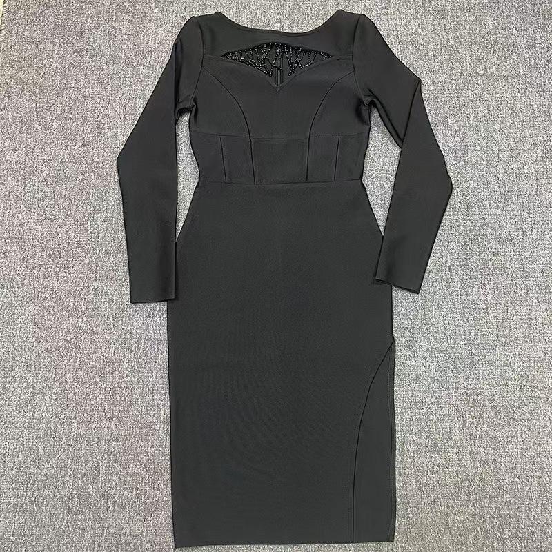 Damska Seksowna Sukienka Bandażowa z Koralikami i Długim Rękawem z Rozcięciem