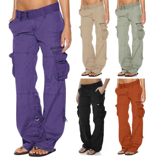 Women Cargo Pants Low-rise Multi-Pocket Design Wide Waist Retro Style Cropped Overalls Solid Color Straight Leg Work Pants