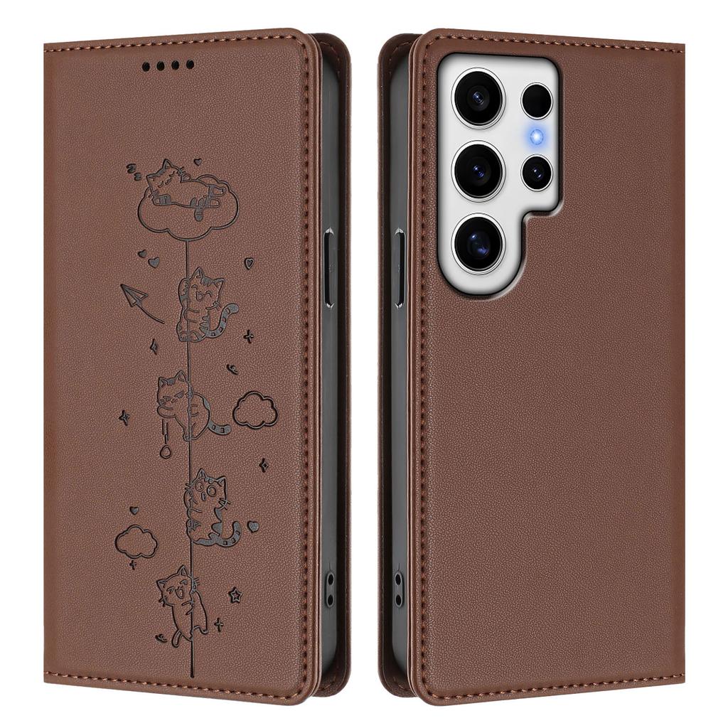 For Samsung Galaxy S24 Ultra Case RFID Blocking Wallet Stand Imprinted Cat Pattern Leather Phone Cover