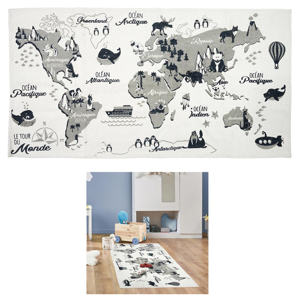 Les Trésors De Lily [A1253] - Cotton Rug 'Mappemonde' Gray White - 140x70 Cm