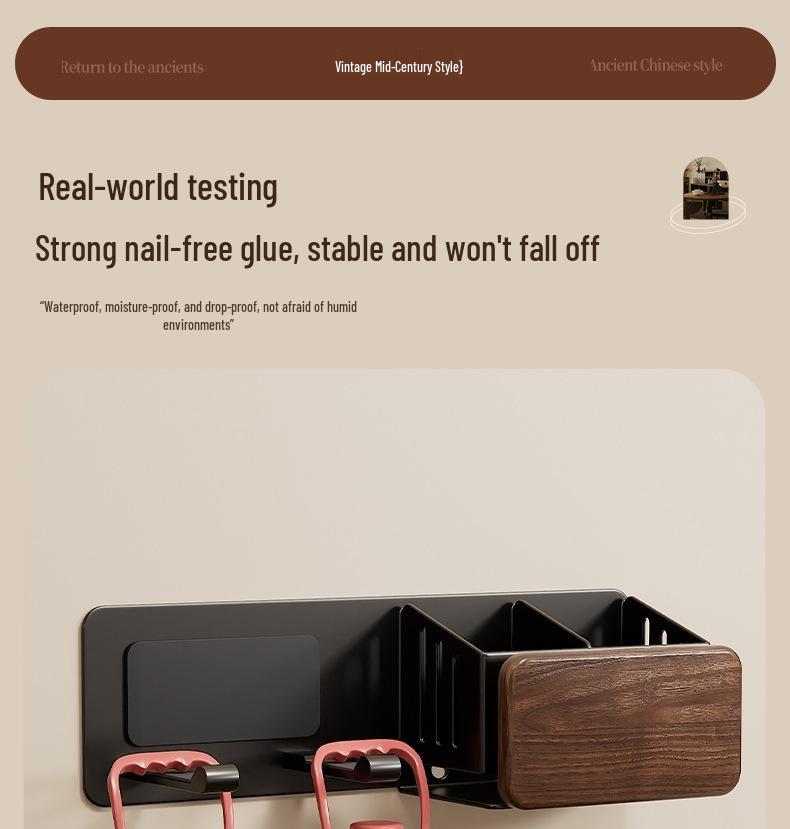Walnut Hair Dryer & Makeup Brush Organizer, No-Drill Wall Mount
