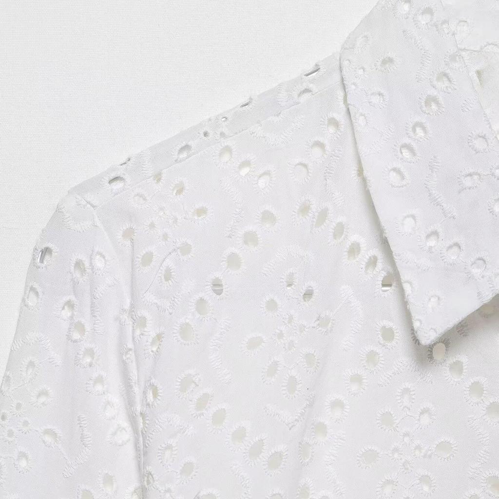 2025 Lato Damska Haftowana Ażurowa Koszula Casual z Klapami - Styl Europejski i Amerykański