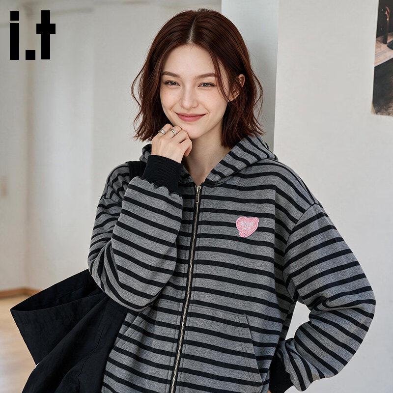 CHOCOOLATE Women's Striped Hooded Zip-Up Cardigan
