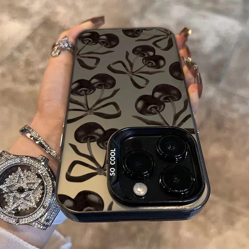 Black Cherry Bow Electroplate Silver IMD Phone Case For  Mi 14 13 12 13T 14T Pro 11 Lite NE Poco F6 X5 X6 M6 Pro 4G Cover