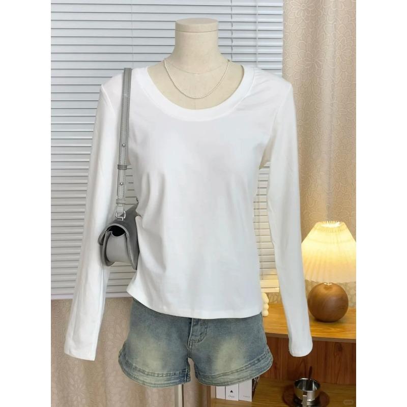 Simple collar straight shoulder bottoming shirt women's autumn slim and thin white long-sleeved shirt with basic versatile top