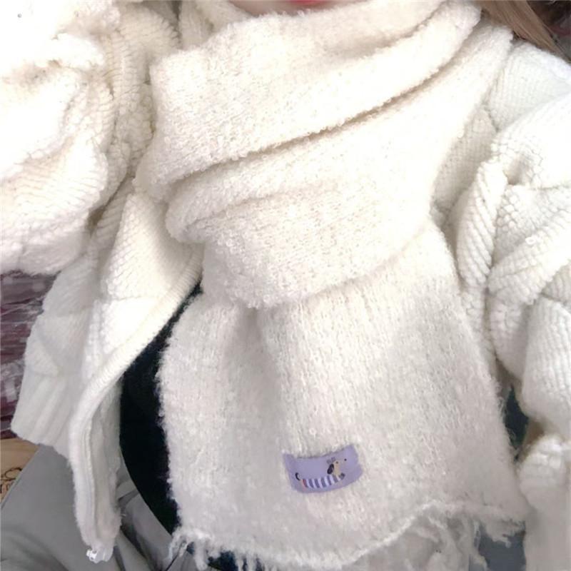 White Wool Knitted Tassel Woolen Scarf for Girls Winter New Versatile Warm Dog Logo Cute Scarf