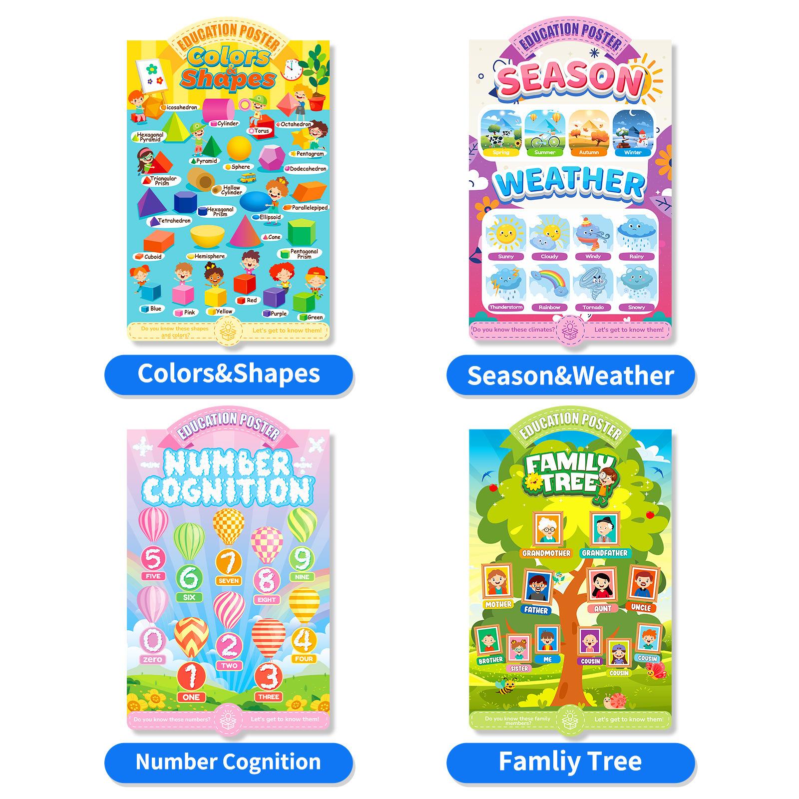 

Explode 4 Sheets/Set Of Fun Educational Toys Educational Posters Season Cognition Family Tree Numbers Color Shape
