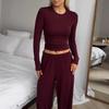 European & American Women's Knit Crew Neck Top & Wide Leg Pants Set - Solid Color Casual Loungewear