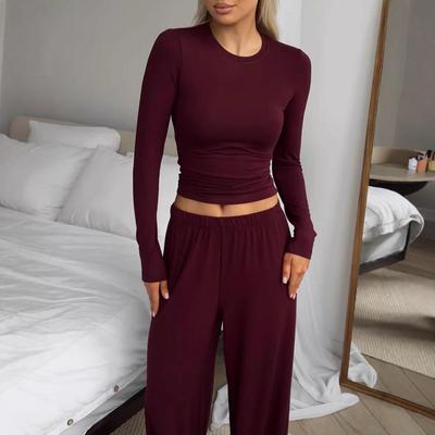 European & American Women's Knit Crew Neck Top & Wide Leg Pants Set - Solid Color Casual Loungewear