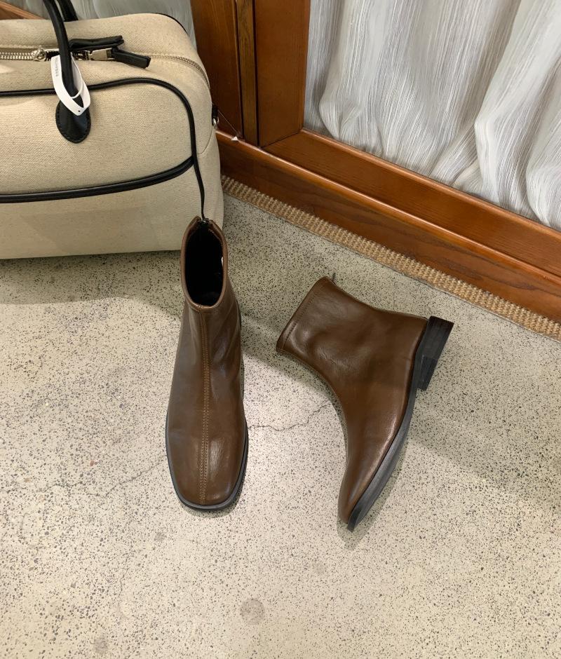 

2025 осень и зима новые квадратный носок простой модный тонкий эластичный ботильоны задняя молния бархатный толстый каблук короткие ботинки женские 40