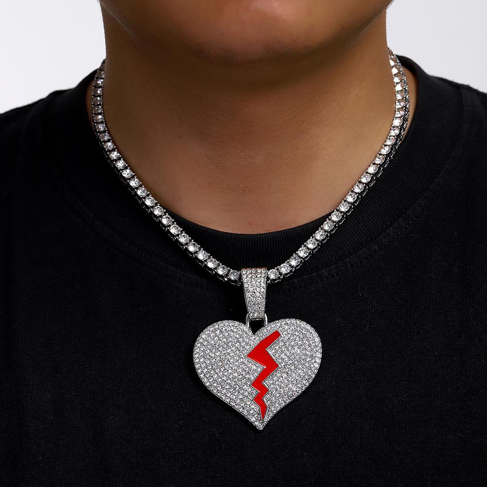 Street Hip Hop Personality Broken Crack Love Pendant Lanyard Hiphop15Mm Clasp Cuban Chain Men