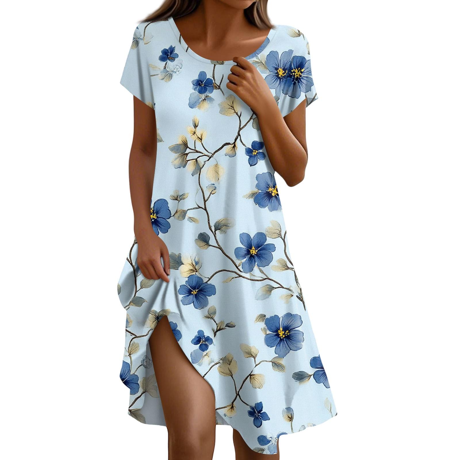

Платье в стиле бохо с коротким рукавом для женщин, повседневное, свободного кроя, летнее, сарафан с цветочным принтом и карманами M синий