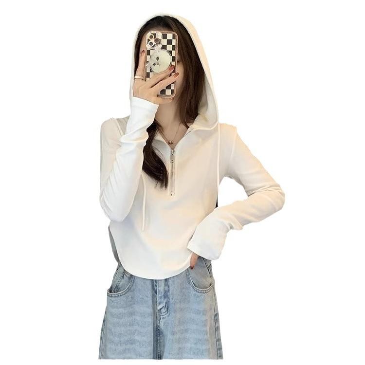 Women's Spring Autumn Hooded Half-Zip Long Sleeve Ribbed Slim Fit Top