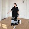 Summer 2025 Women's Plus Size Color Block Pleated Skirt Dress - Short Sleeve Trendy Design